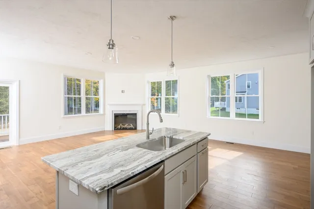 a kitchen with stainless steel appliances granite countertop a sink a window and wooden floor