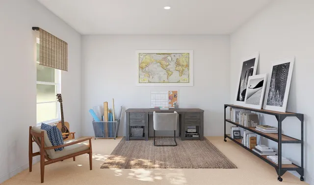 a workspace with furniture and window