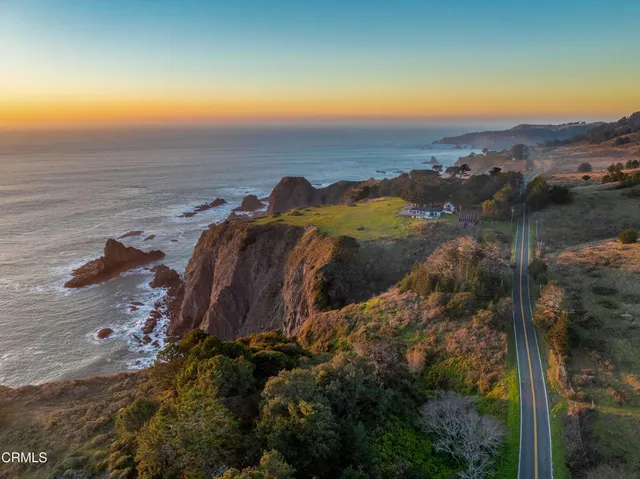 an aerial view of ocean with trees
