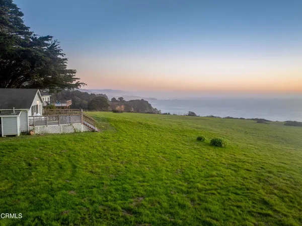 a view of backyard with wooden fence and large trees