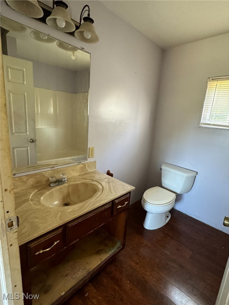 9666 Bayard Road Minerva, OH 44657 - Photo 9 of 10 Bathroom featuring toilet, vanity, and wood-type flooring