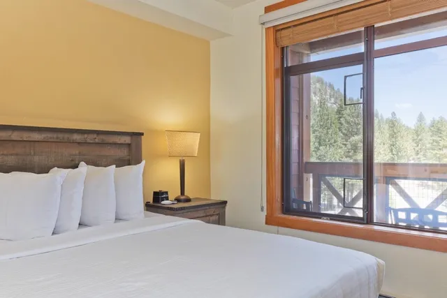 a bedroom with a bed and a large window