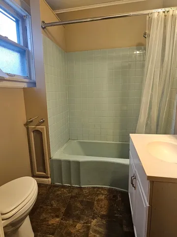 a bathroom with a shower and a toilet