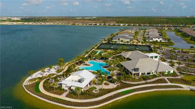a view of a swimming pool and a lake