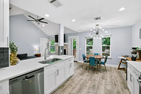 a kitchen with a sink and a potted plant