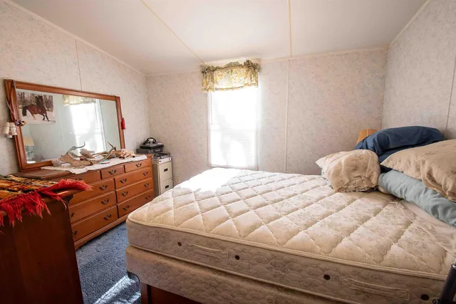 a bedroom with a bed and two windows