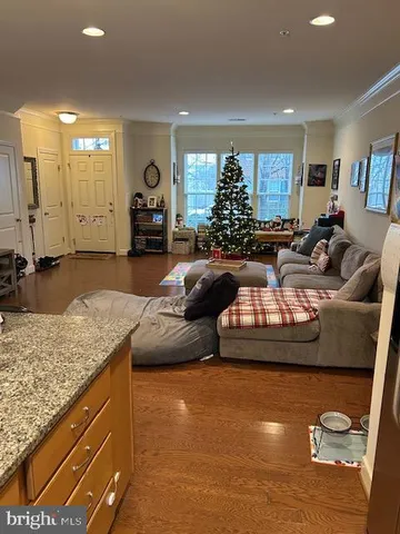 a living room with furniture and a christmas tree