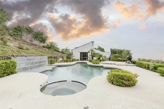 a view of a swimming pool with a patio and a yard