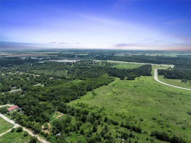 a view of a city with lush green forest
