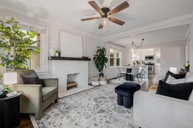 a living room with furniture a fireplace and a potted plant