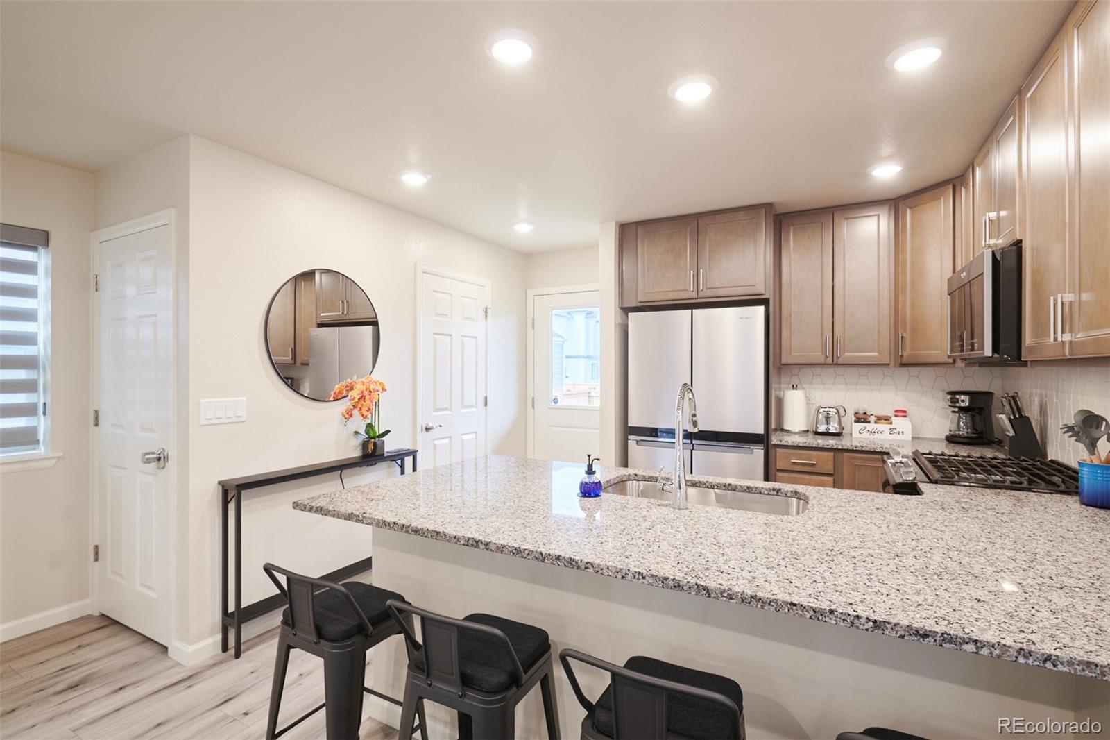 6339 North Hanover Street Denver, CO 80238 - Photo 11 of 24 a kitchen with granite countertop a sink and a refrigerator