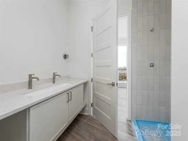 a bathroom with a double vanity sink a mirror and shower