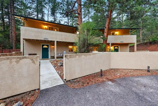 an outdoor view with patio