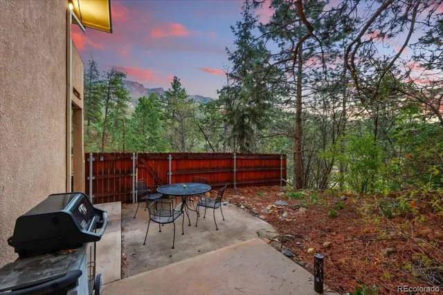 a view of a chairs and table in backyard