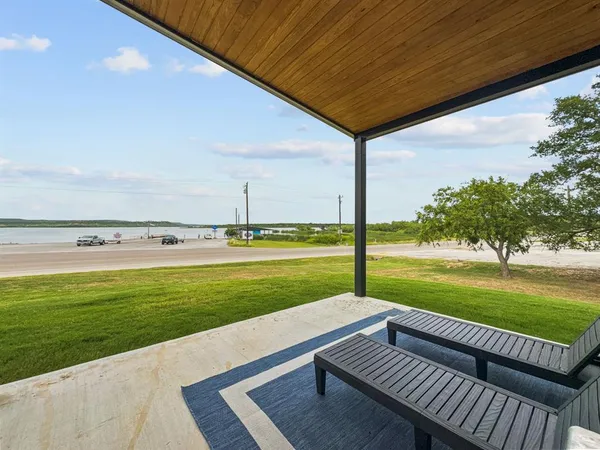 a terrace with a city view
