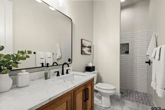 a bathroom with a granite countertop sink toilet and mirror