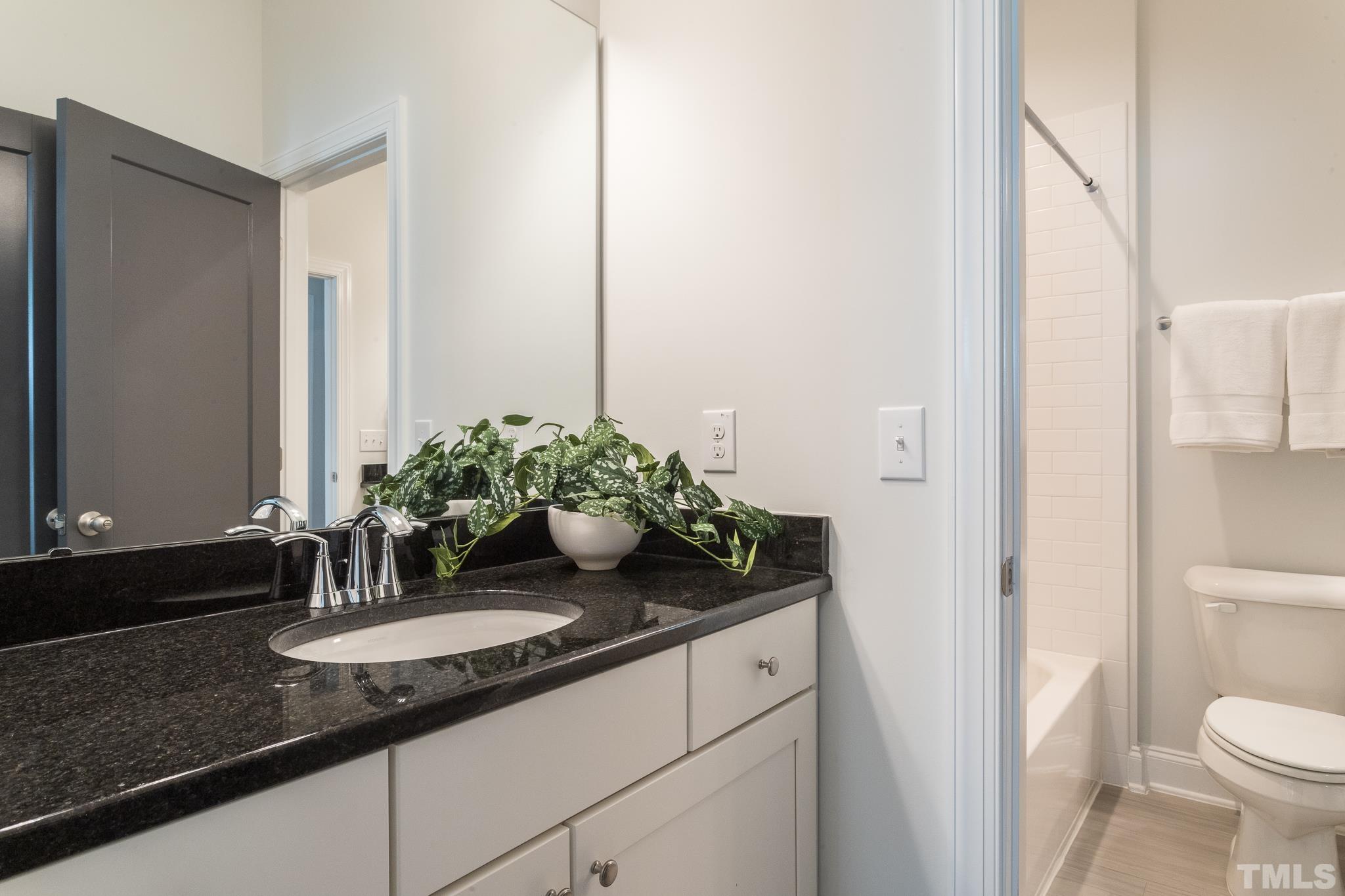 5601 Norcrest Street Raleigh, NC 27612 - Photo 27 of 41 a bathroom with a granite countertop sink and a mirror