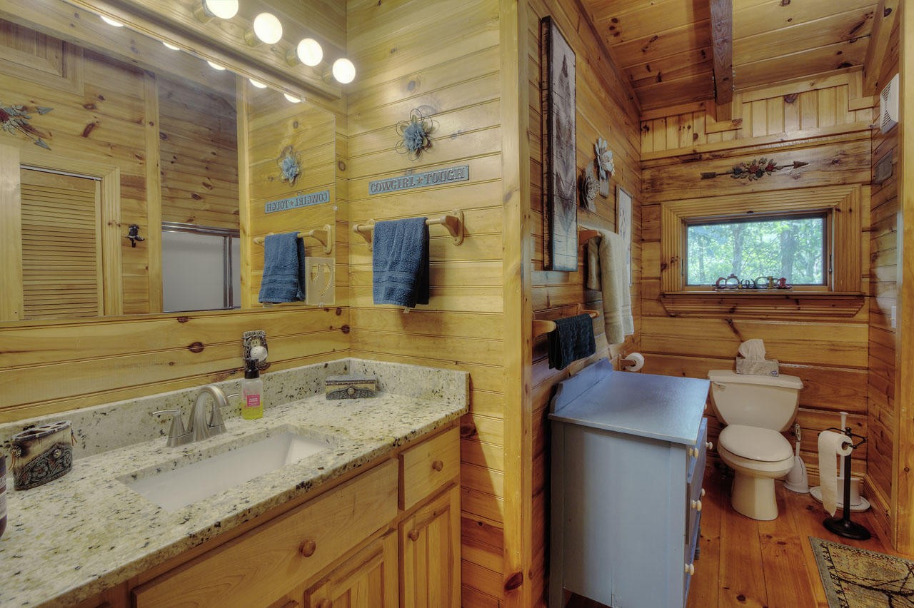 340 Doe Ridge Road Oneida, TN 37841 - Photo 20 of 40 a bathroom with a granite countertop sink a toilet and shower