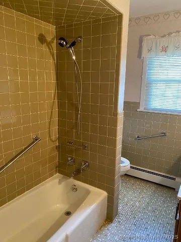 a bathroom with a bathtub and a toilet