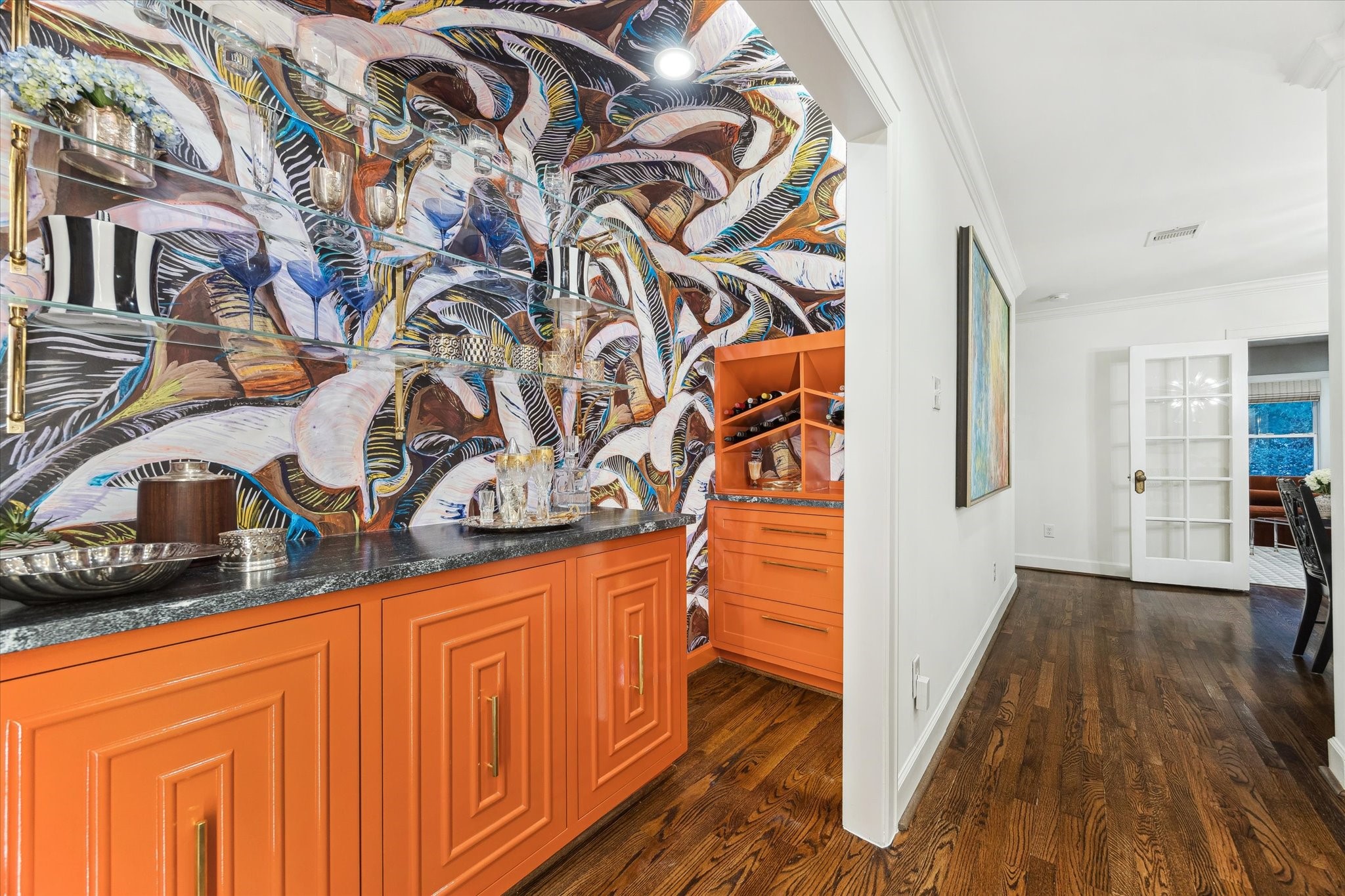 2124 Sul Ross Street Houston, TX 77098 - Photo 11 of 36 Newly completed bar area with Farrow & Ball lacquer paint, Voutsa wallpaper and custom storage is an extension of the kitchen.