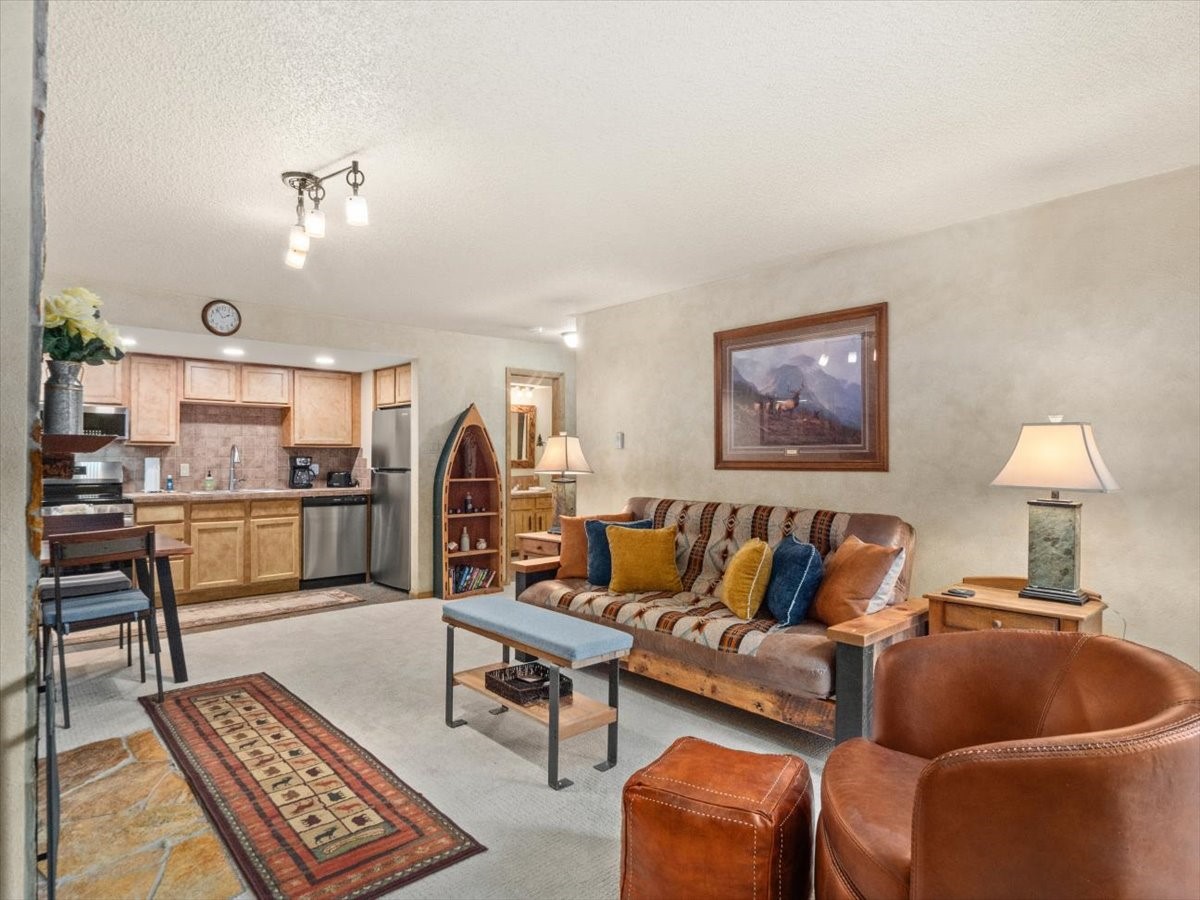 108 Guller Road, Unit B4 Frisco, CO 80443 - Photo 5 of 21 Living room with a textured ceiling