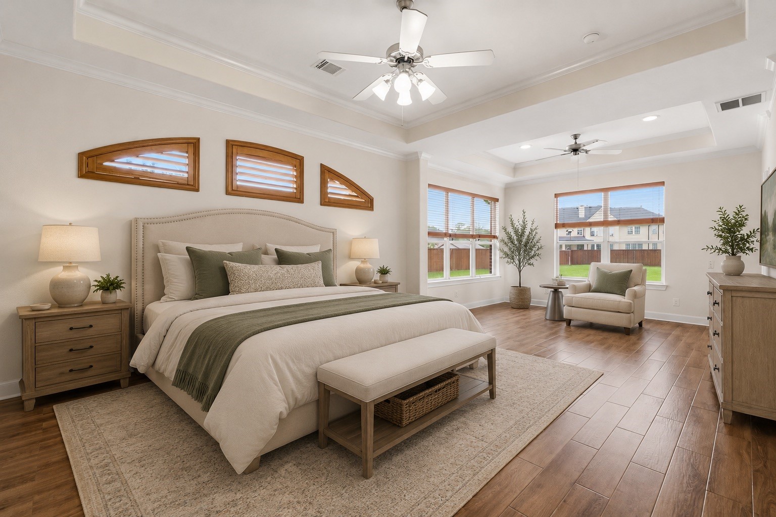 2716 Silverstone Way Conroe, TX 77304 - Photo 13 of 27 Beautiful primary suite features a sitting area and a private resort style bathroom, while custom shutters, Hunter Douglas wood blinds, updated lighting, and refreshed paint enhance the interior. Virtually staged.