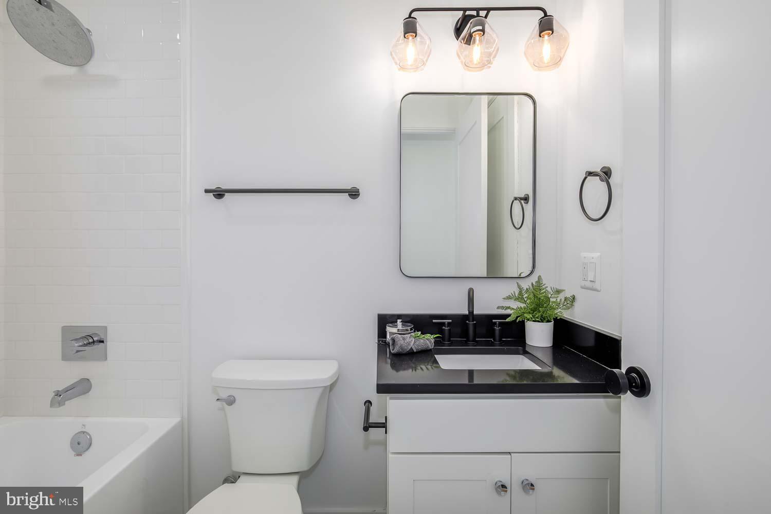 428 Manor Place Northwest, Unit 2 Washington, DC 20010 - Photo 18 of 27 a bathroom with a granite countertop sink a toilet and a mirror
