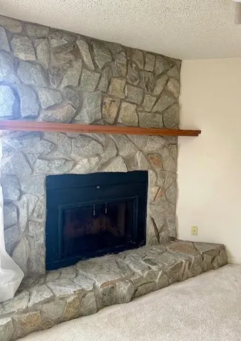 a bed room with a fireplace and a fireplace