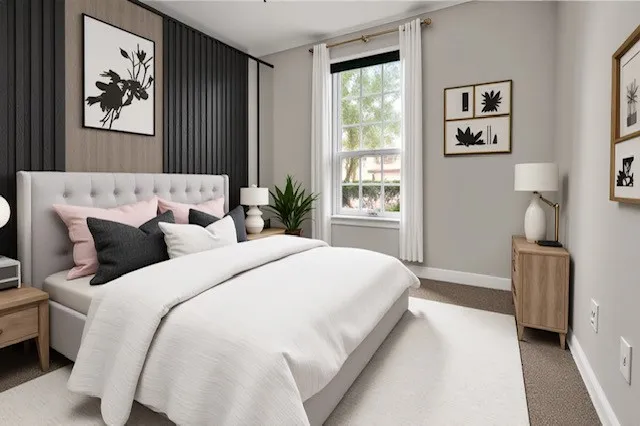 a bedroom with a bed couch and a window