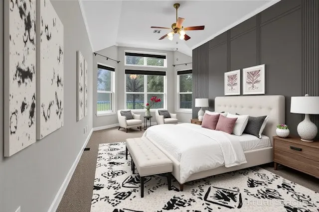 an empty room with windows and chandelier fan