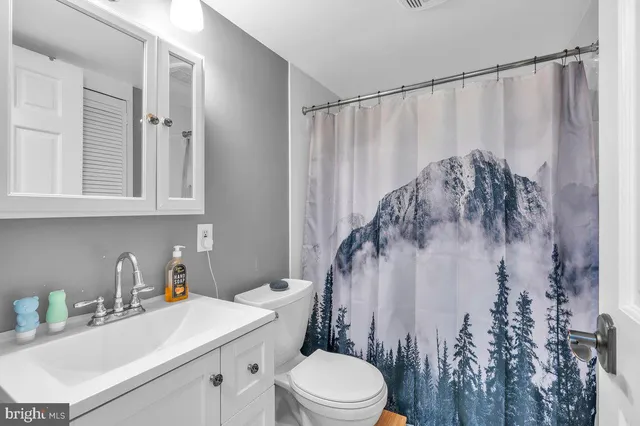 a bathroom with a sink a toilet and shower curtain
