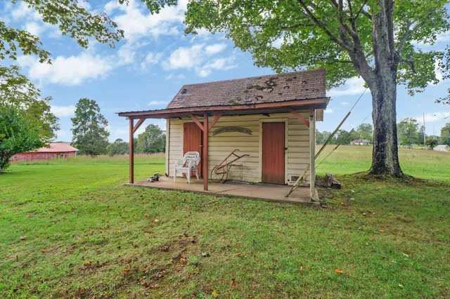 a view of a house with backyard and a tree