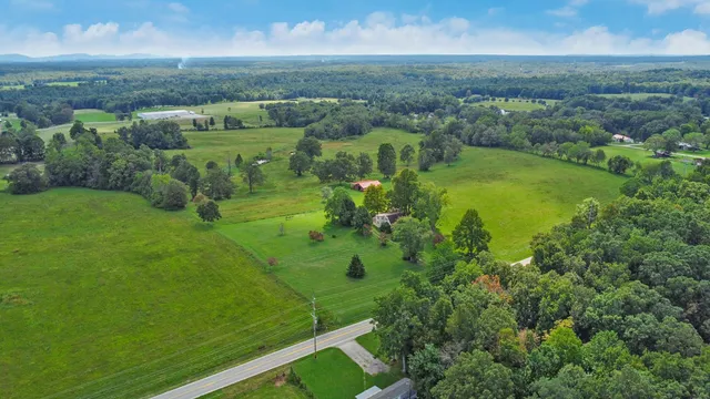 an aerial view of residential houses with outdoor space and trees