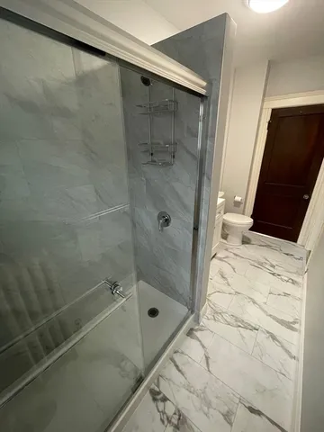 a bathroom with a bathtub