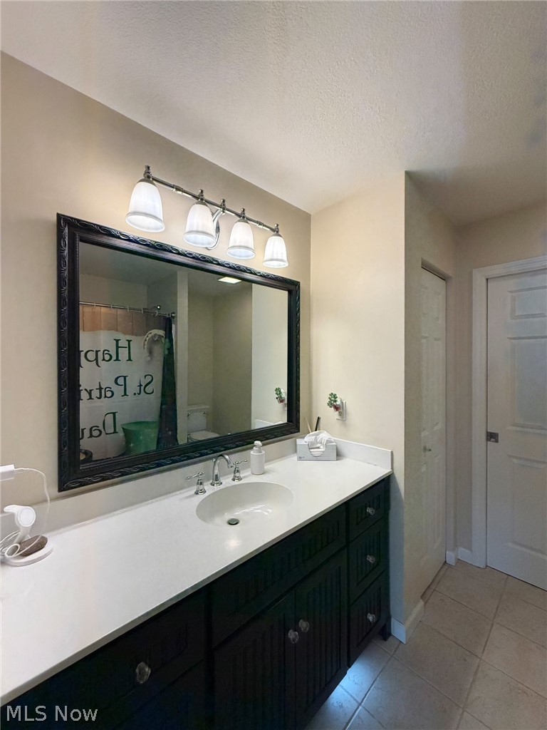 1343 Courtland Road Weirton, WV 26062 - Photo 23 of 50 Bathroom featuring vanity, a shower with curtain, a textured ceiling, and light tile patterned flooring