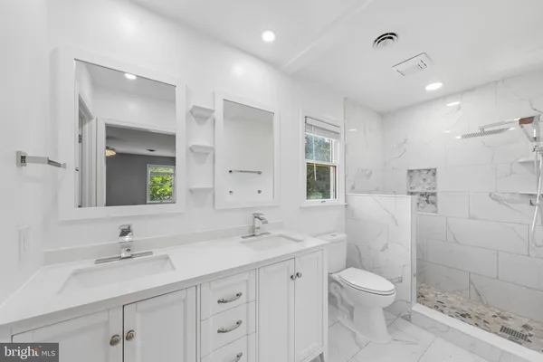 a bathroom with a double vanity sink toilet and shower