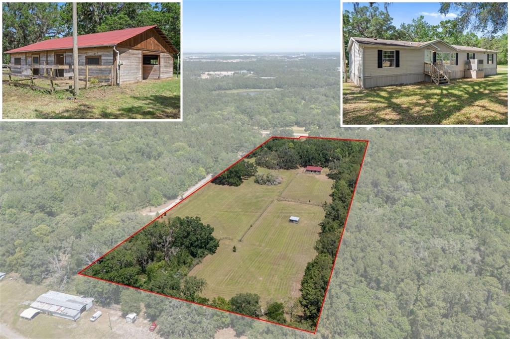 aerial view of a house with a yard