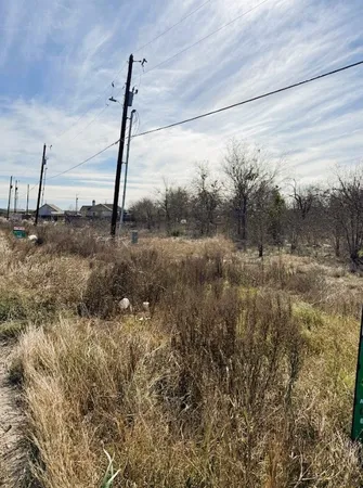 a view of a dry yard with wooden fence
