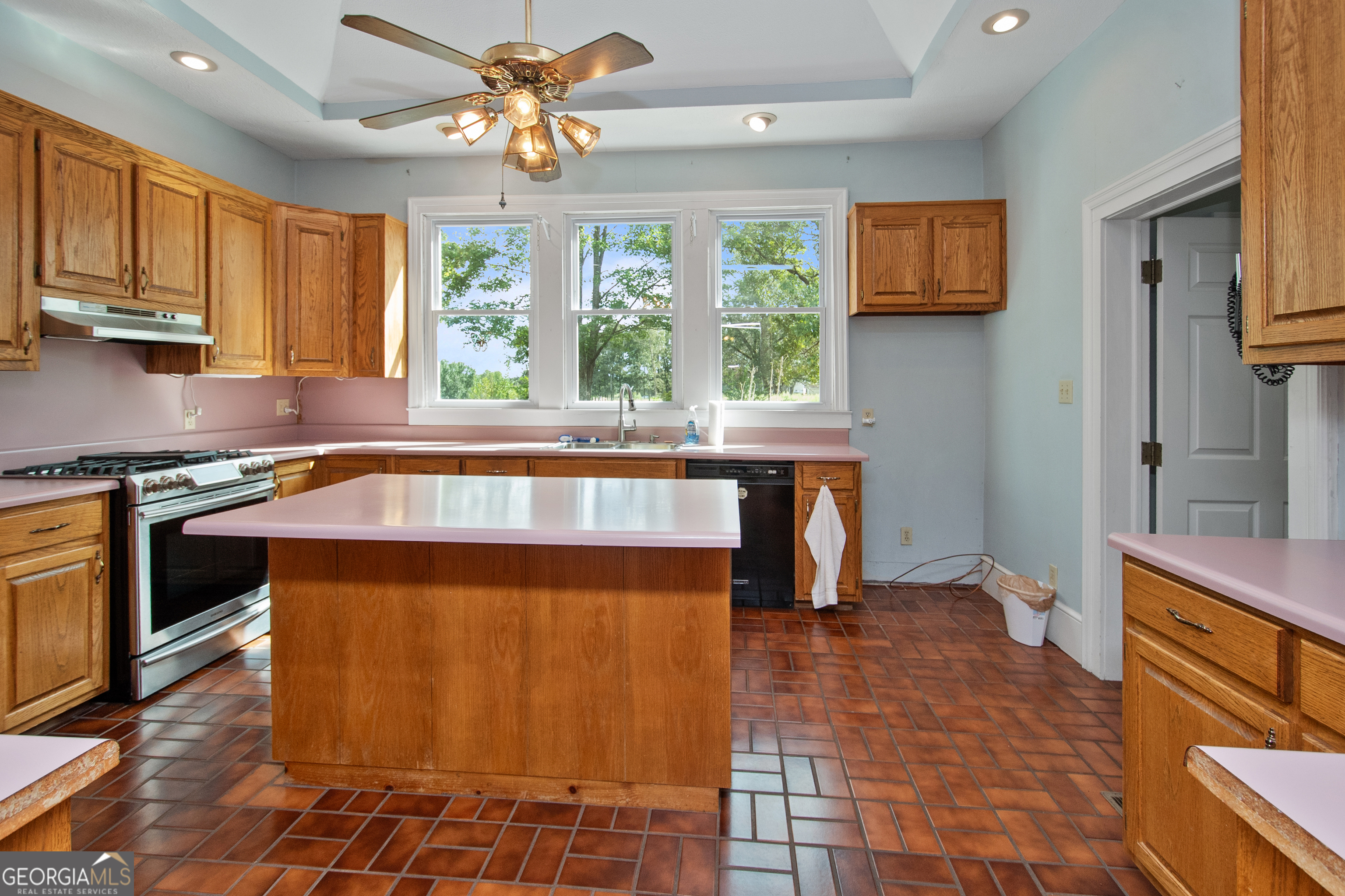 402 Tom Bell Road Milner, GA 30257 - Photo 12 of 64 a kitchen with stainless steel appliances granite countertop a stove a sink and a microwave