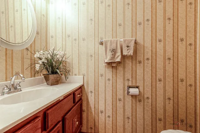 a bathroom with a sink a mirror and a shower