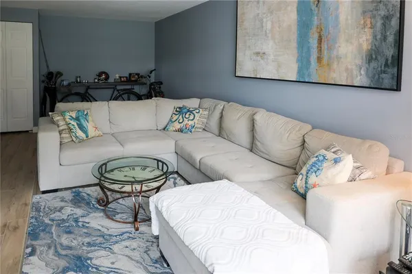 a living room with a couch and a rug