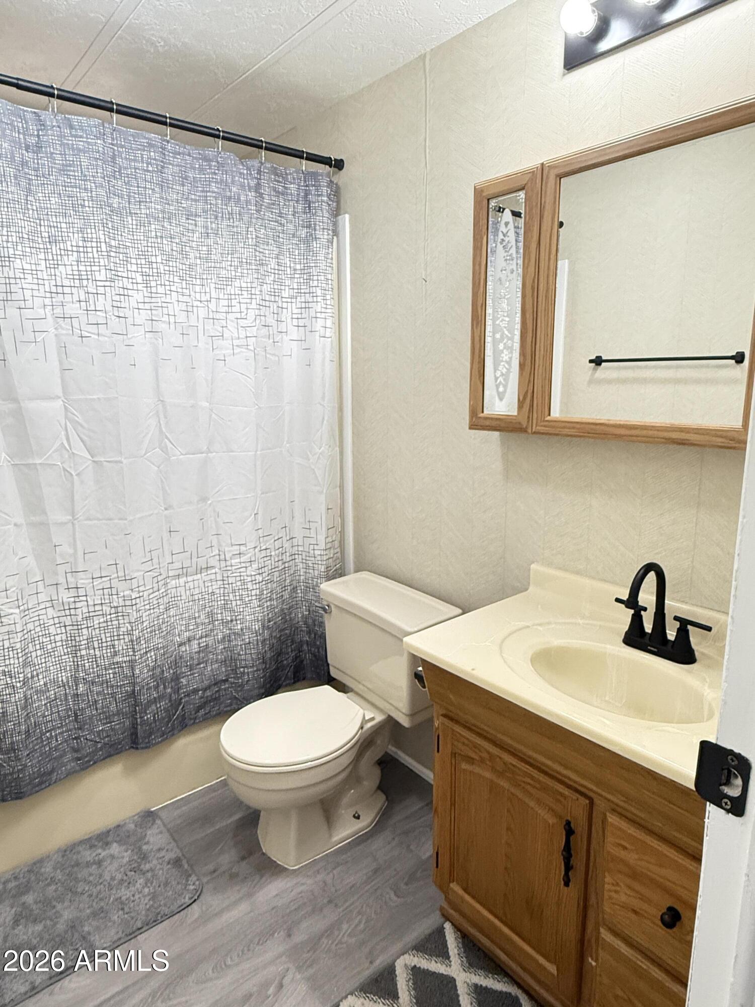535 South Alma School Road, Unit 113 Mesa, AZ 85210 - Photo 11 of 41 a bathroom with a sink a toilet and shower curtain