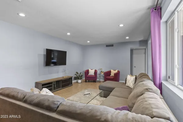 a view of a dining room with furniture