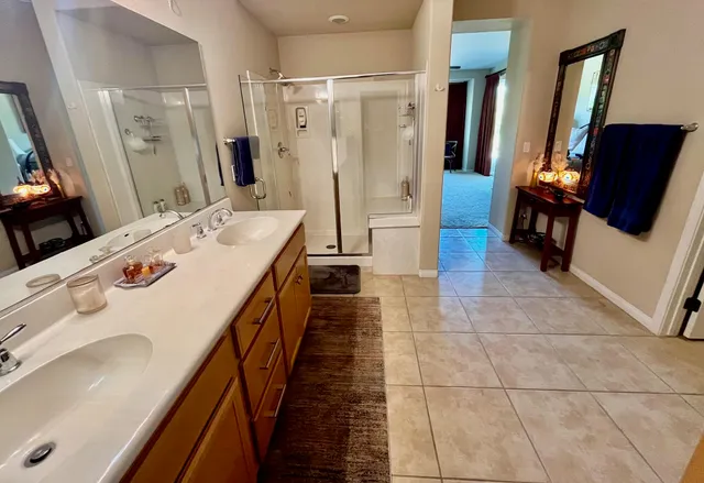 a bathroom with sink double vanity
