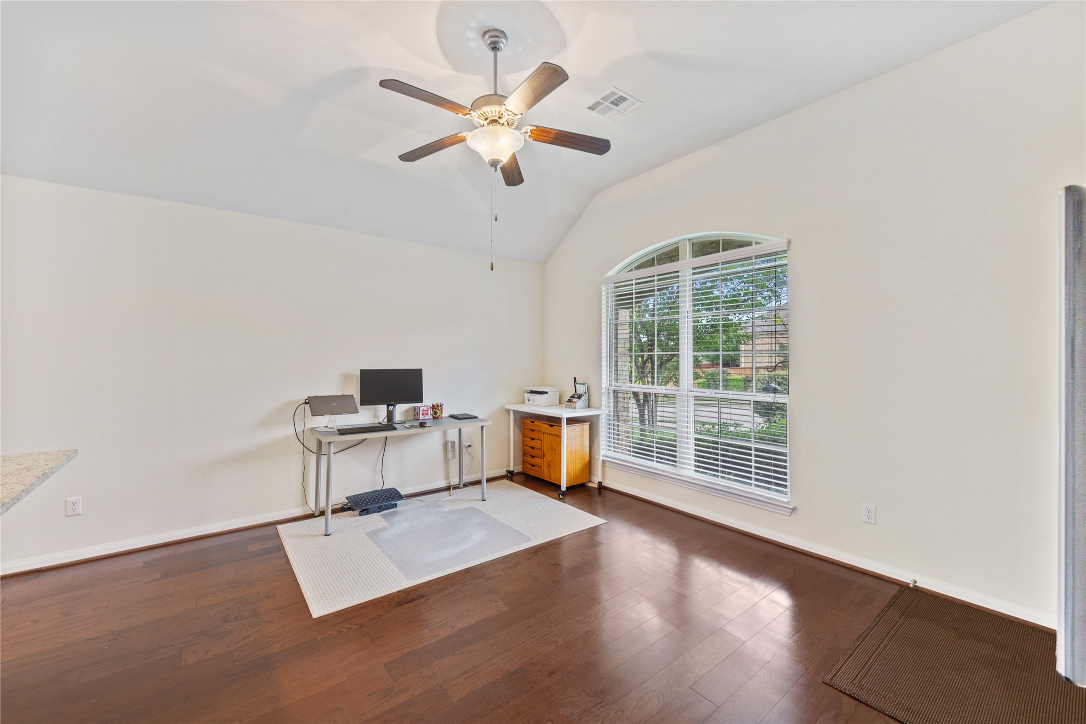 5012 Yucca Bloom Drive Georgetown, TX 78626 - Photo 14 of 35 Room featuring dark wood-finish flooring, a vaulted ceiling, and an arched window