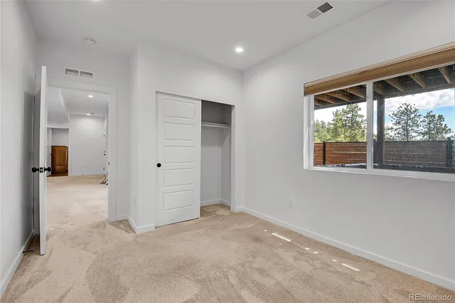 a bedroom with a bed and closet