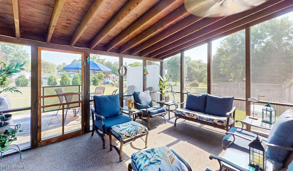 3137 Queen Road Ravenna, OH 44266 - Photo 14 of 33 Sunroom featuring wood ceiling and beamed ceiling