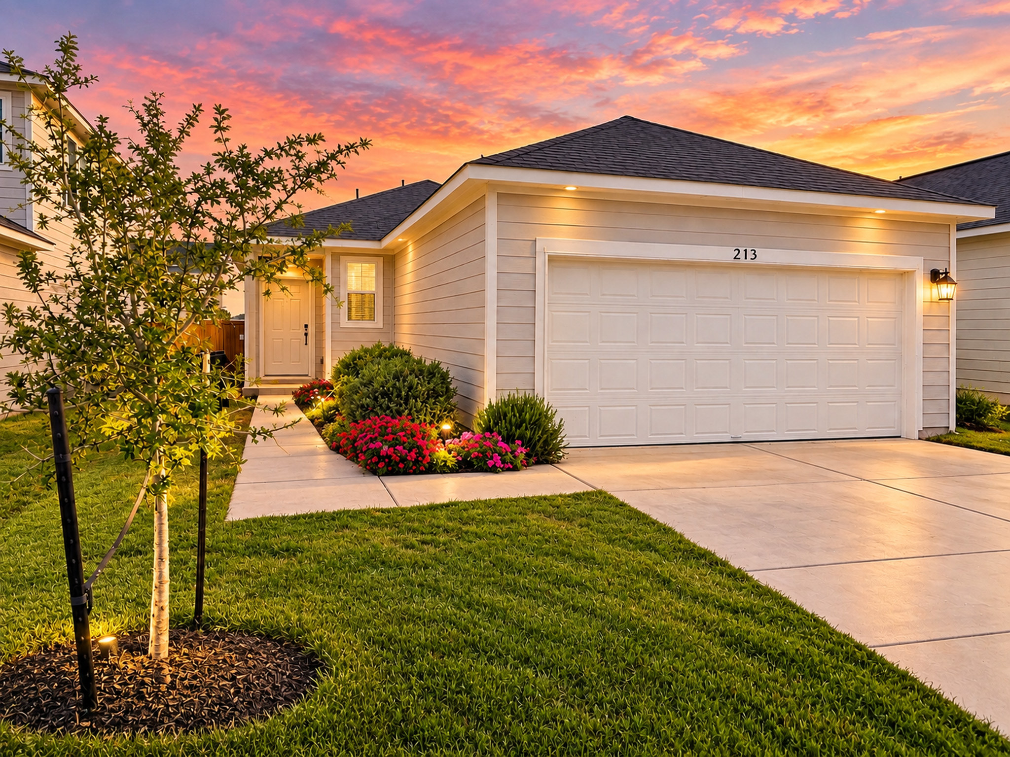 Manicured landscaping and a pristine concrete driveway welcome guests to this modern single-story residence.