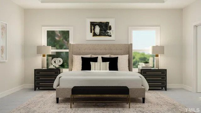 a bedroom with a bed and a table