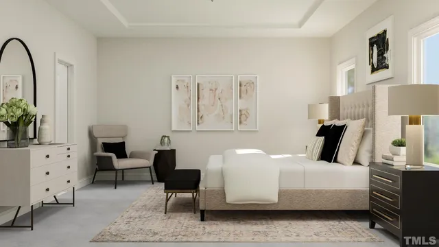 a bedroom with furniture and a potted plant